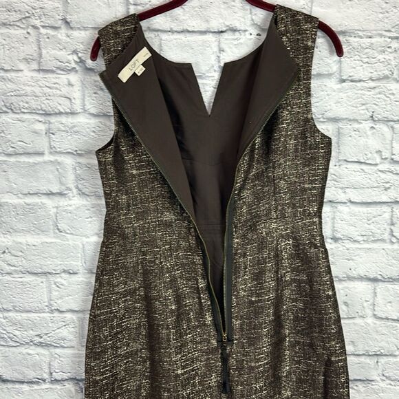Loft Sheath Dress Size 6 Petites Brown Gold Metallic V Neck Exposed Zipper - Picture 7 of 7